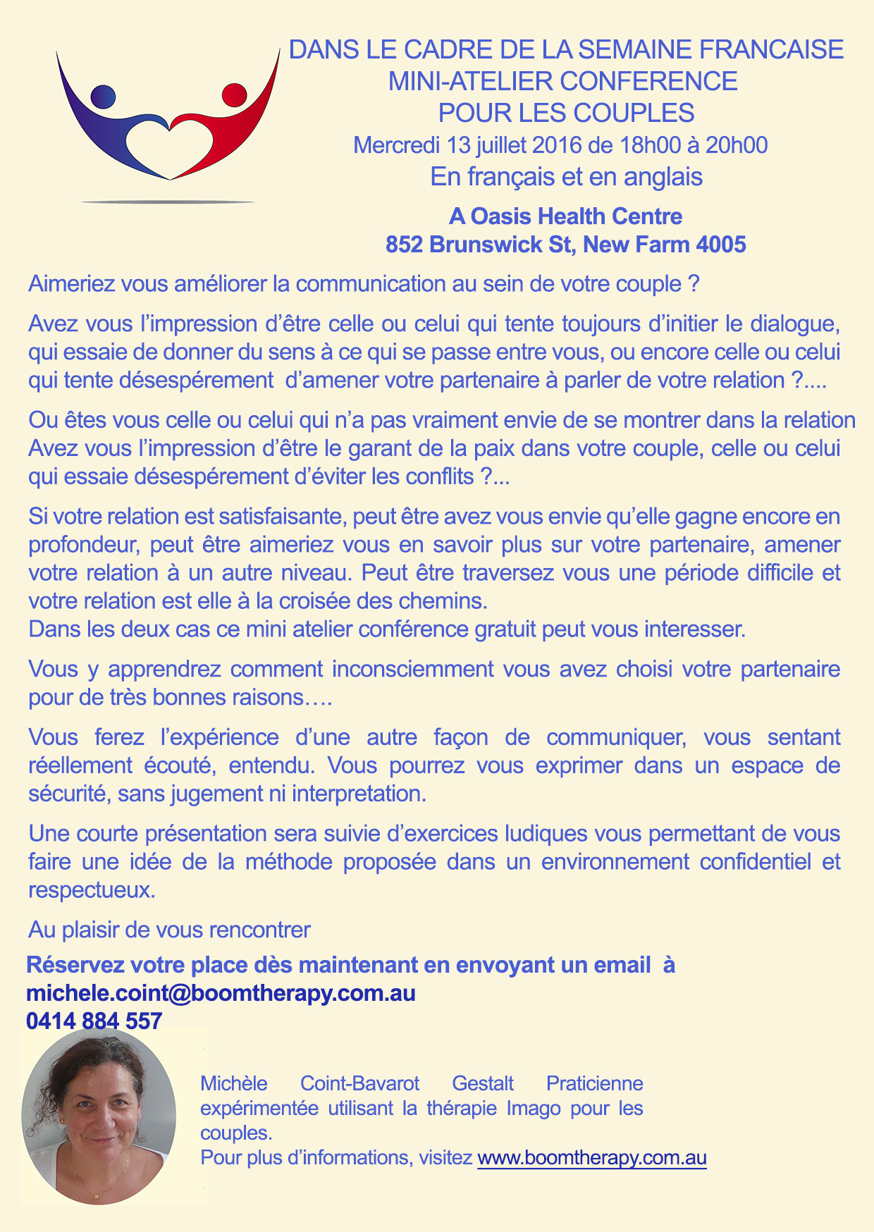Mini atelier conference pour les couples Mercredi 13 Juillet 2016 New Farm