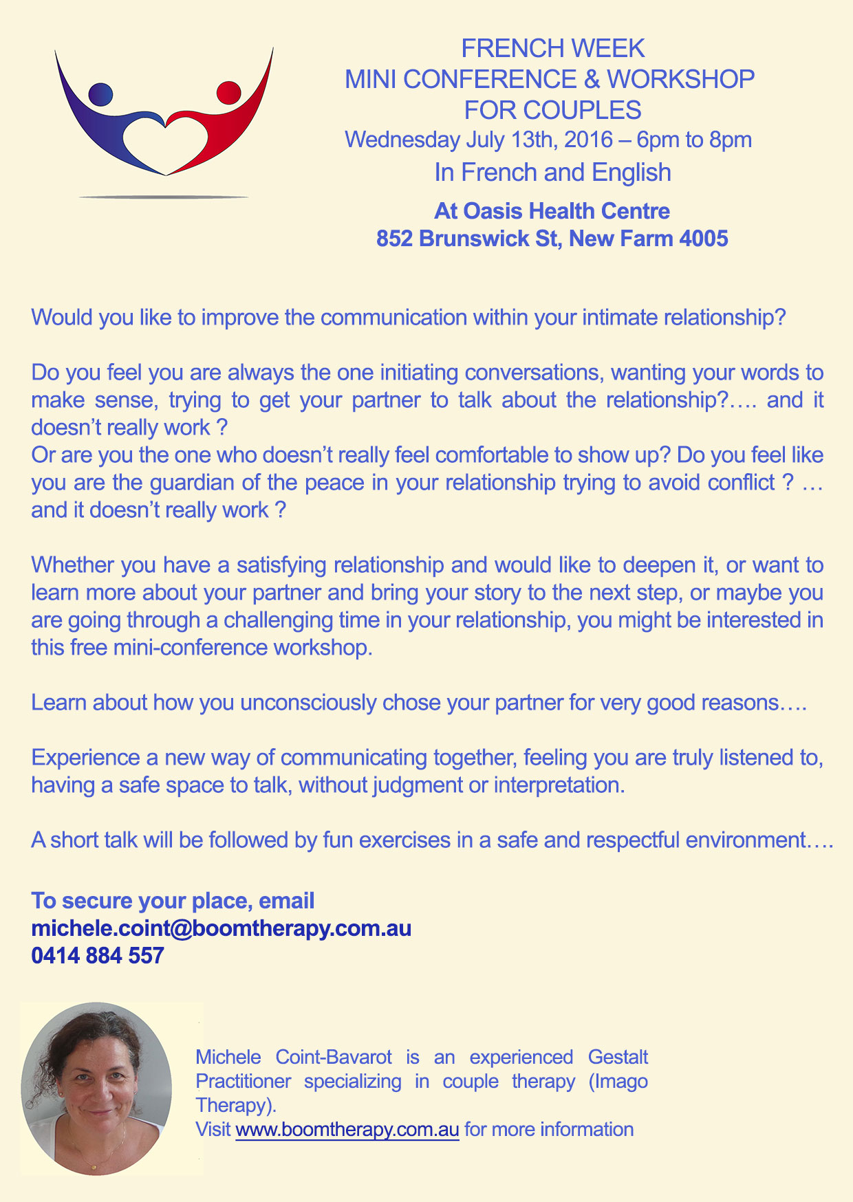 Mini conference and workshop for couple Wednesday July 13th, 2016 New Farm